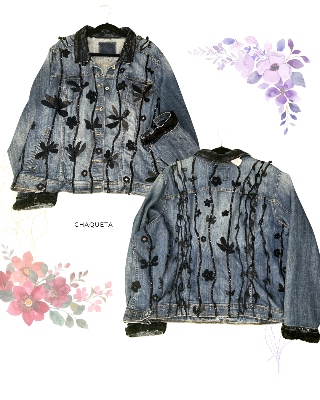 Chaqueta mezclilla con flores negras de Gamuza