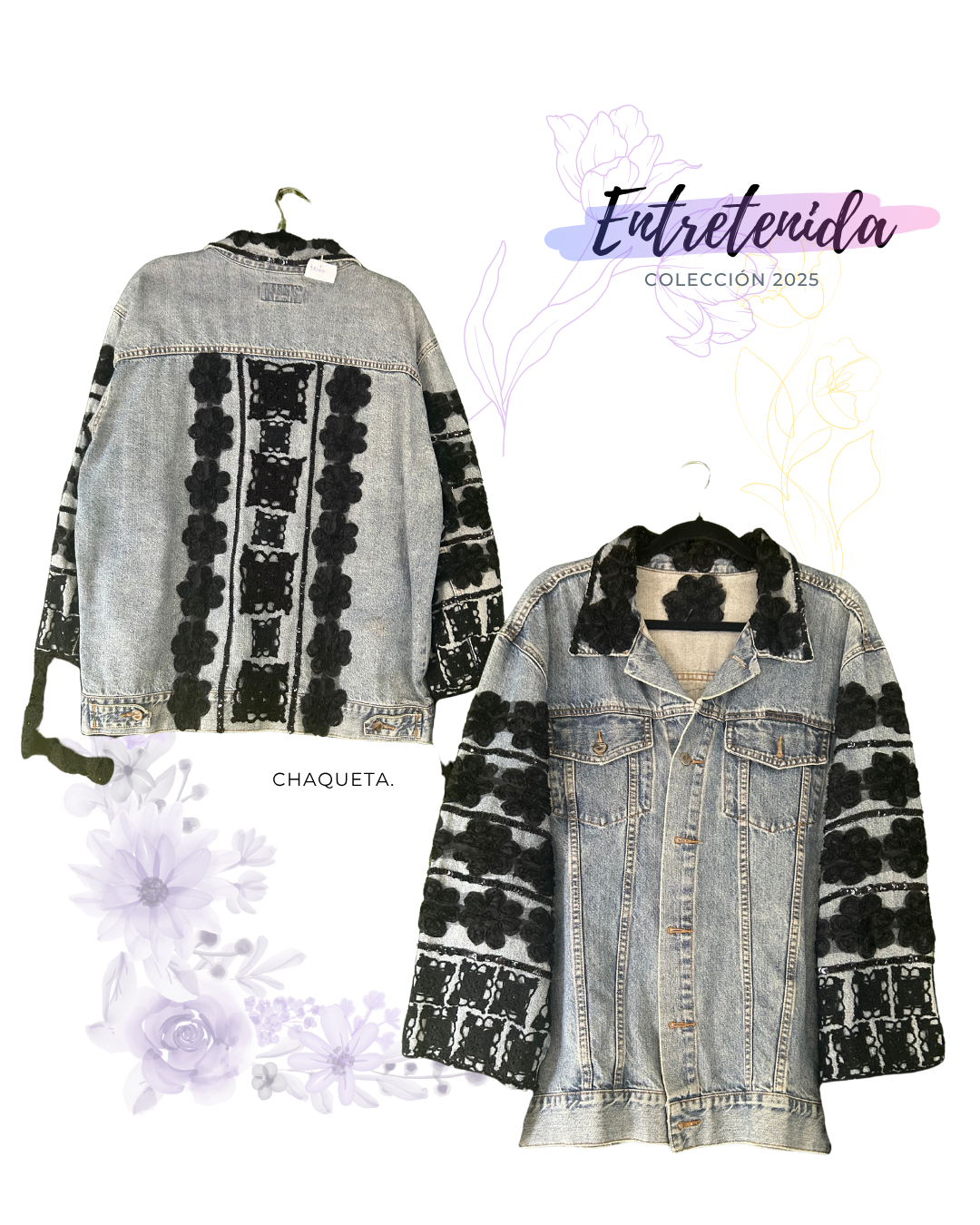 Chaqueta de jeans con flores de lana negras