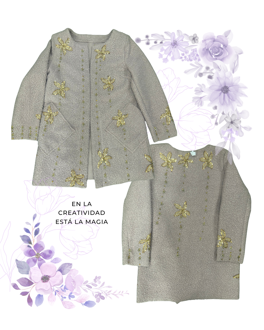 Chaqueta de Lanilla Palo Rosa – Bordada con Tachas, Flores Doradas y Lentejuelas