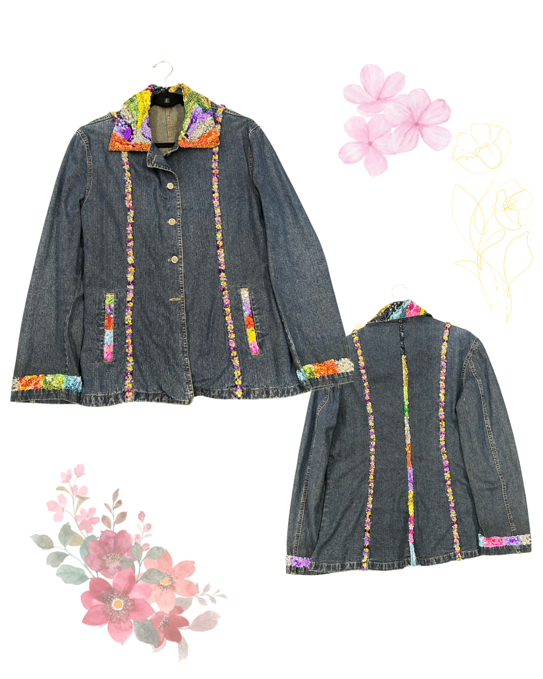 Chaqueta jeans cuello mostacillas de colores