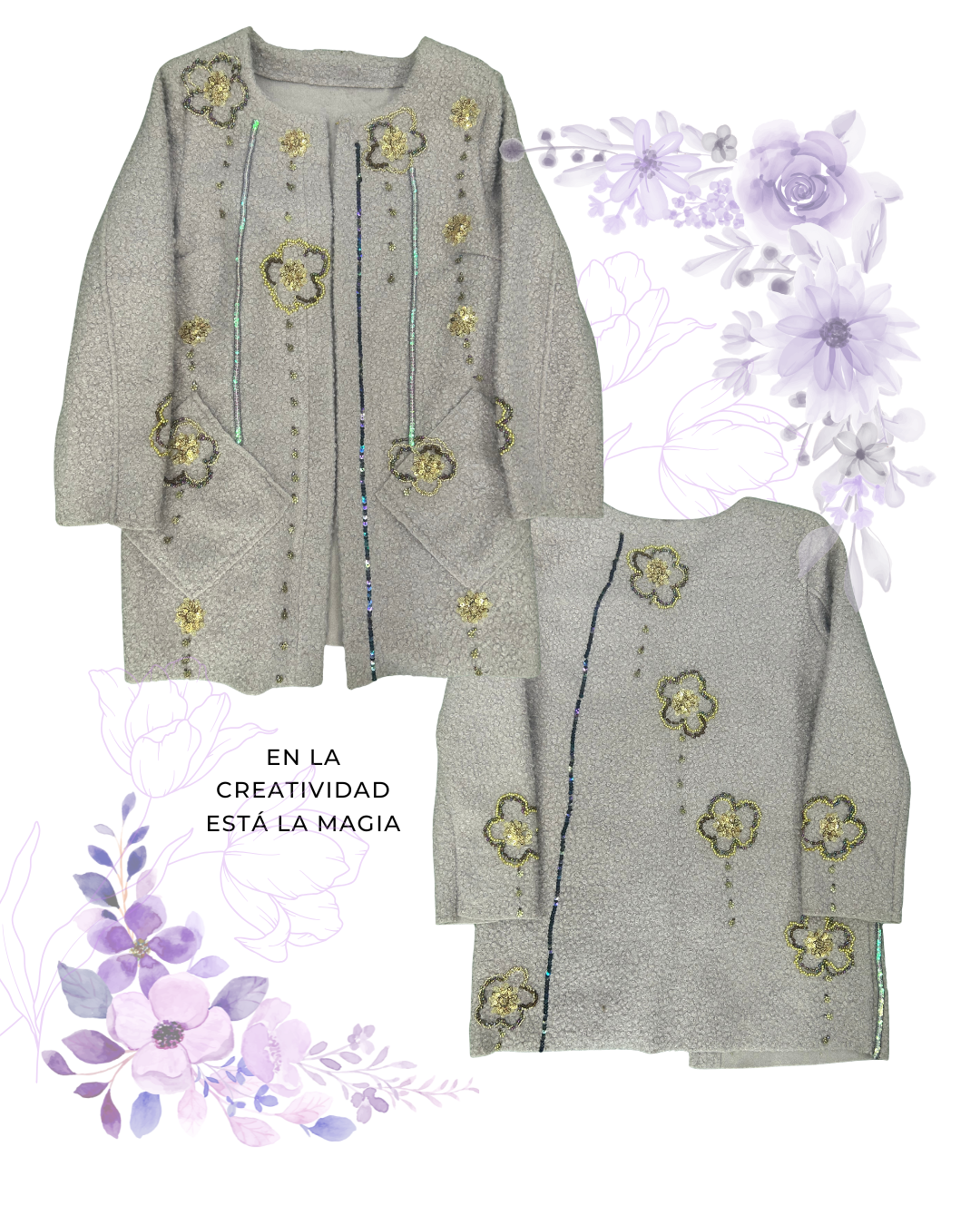 Chaqueta de Lanilla Palo Rosa – Bordada con Tachas, Mostacillas y Lentejuelas