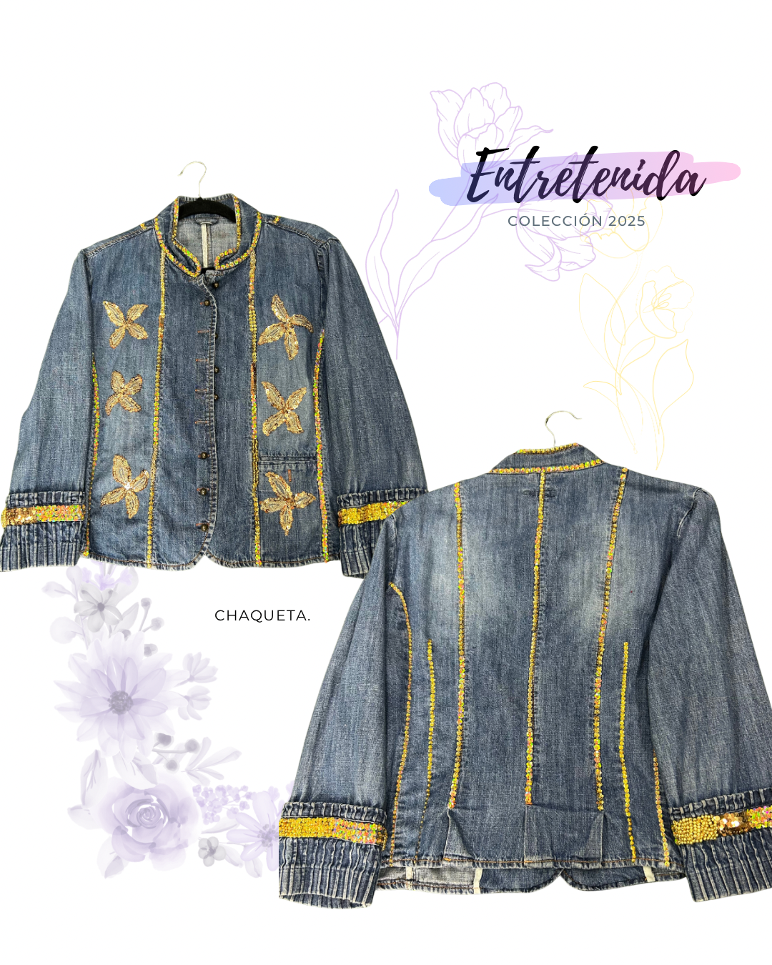 Chaqueta Exclusiva – Lentejuelas Doradas & Flores Doradas