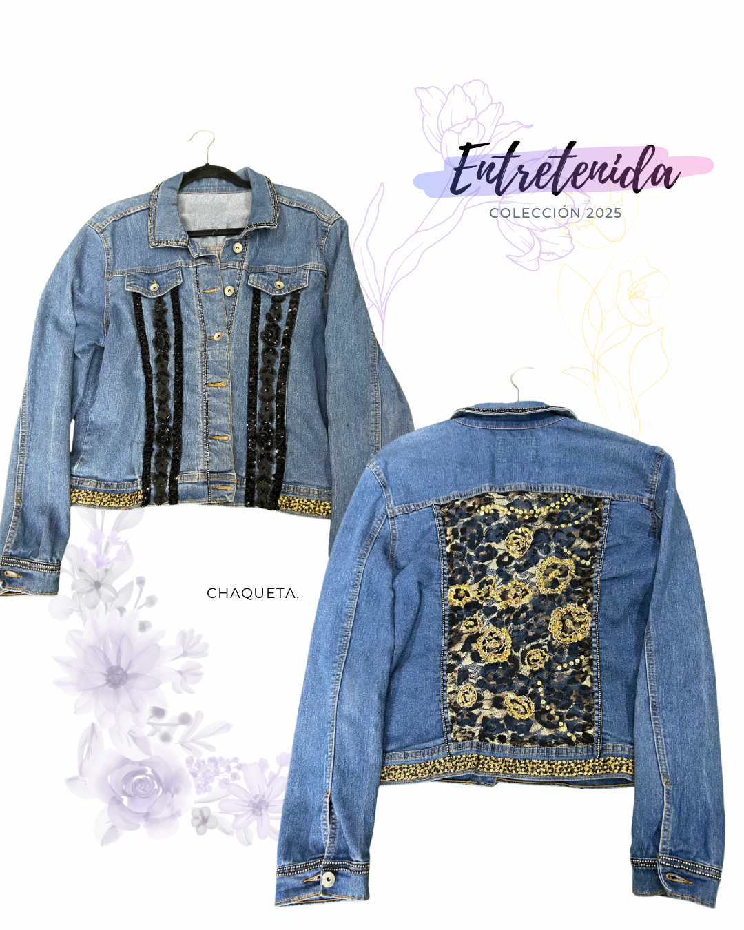 Chaqueta de Jeans Azul – Flores Doradas & Encaje Print