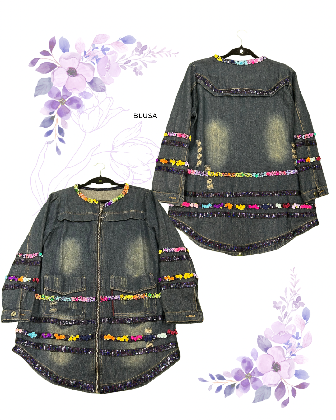 Chaqueta jeans larga con mostacillas de colores