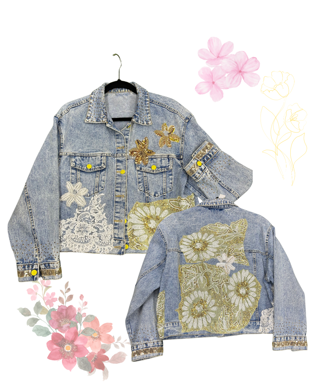 Chaqueta de mezclilla corta con flores blancas