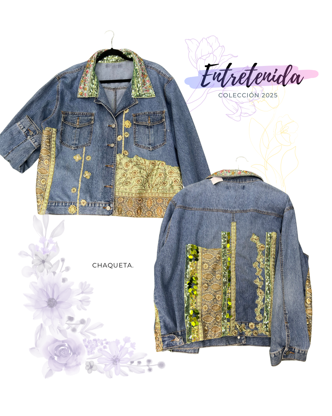 Chaqueta de Jeans Azul – Detalles con Tela y Lentejuelas Verdes