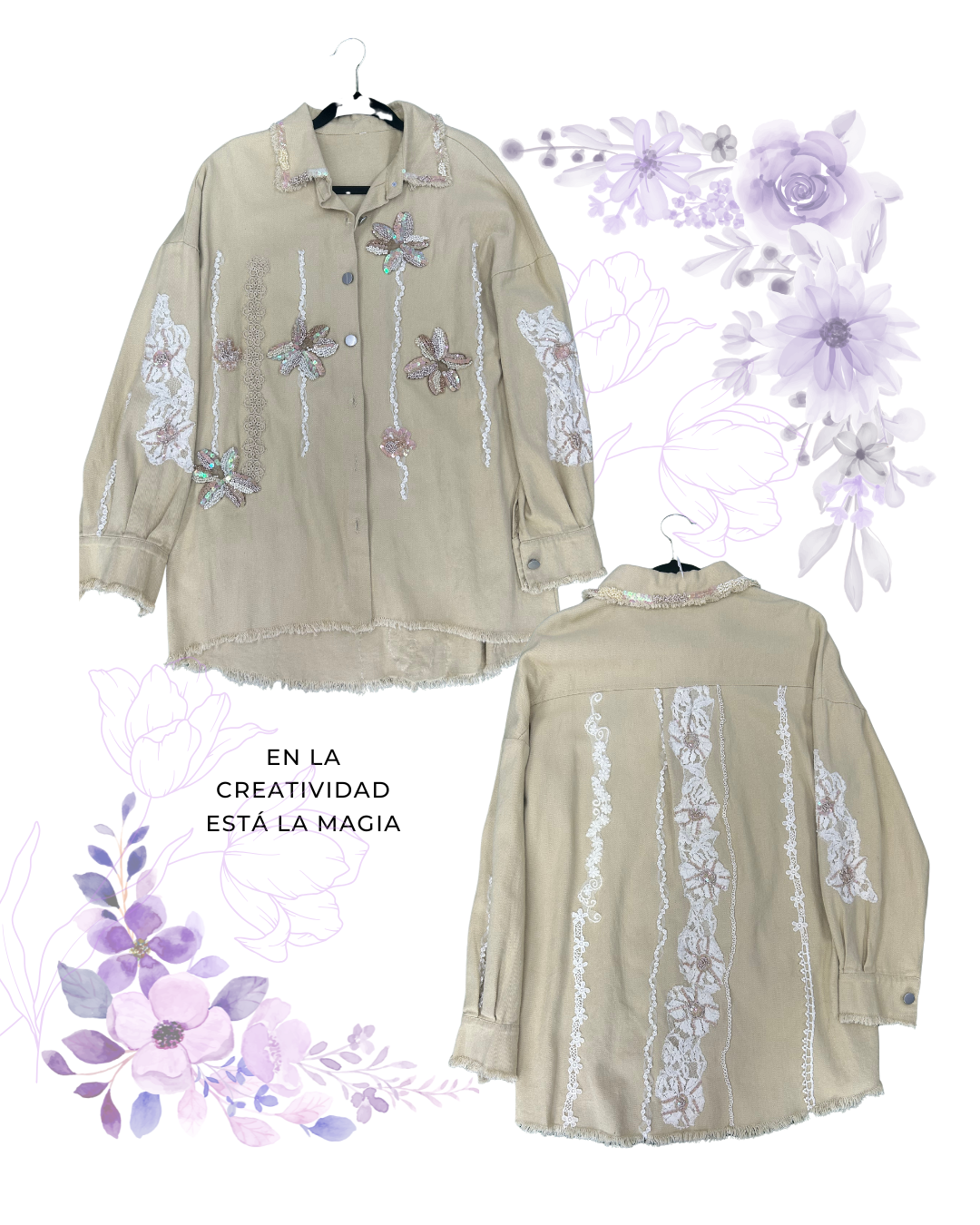 Chaqueta Beige – Flores Bordadas con Mostacillas y Lentejuelas