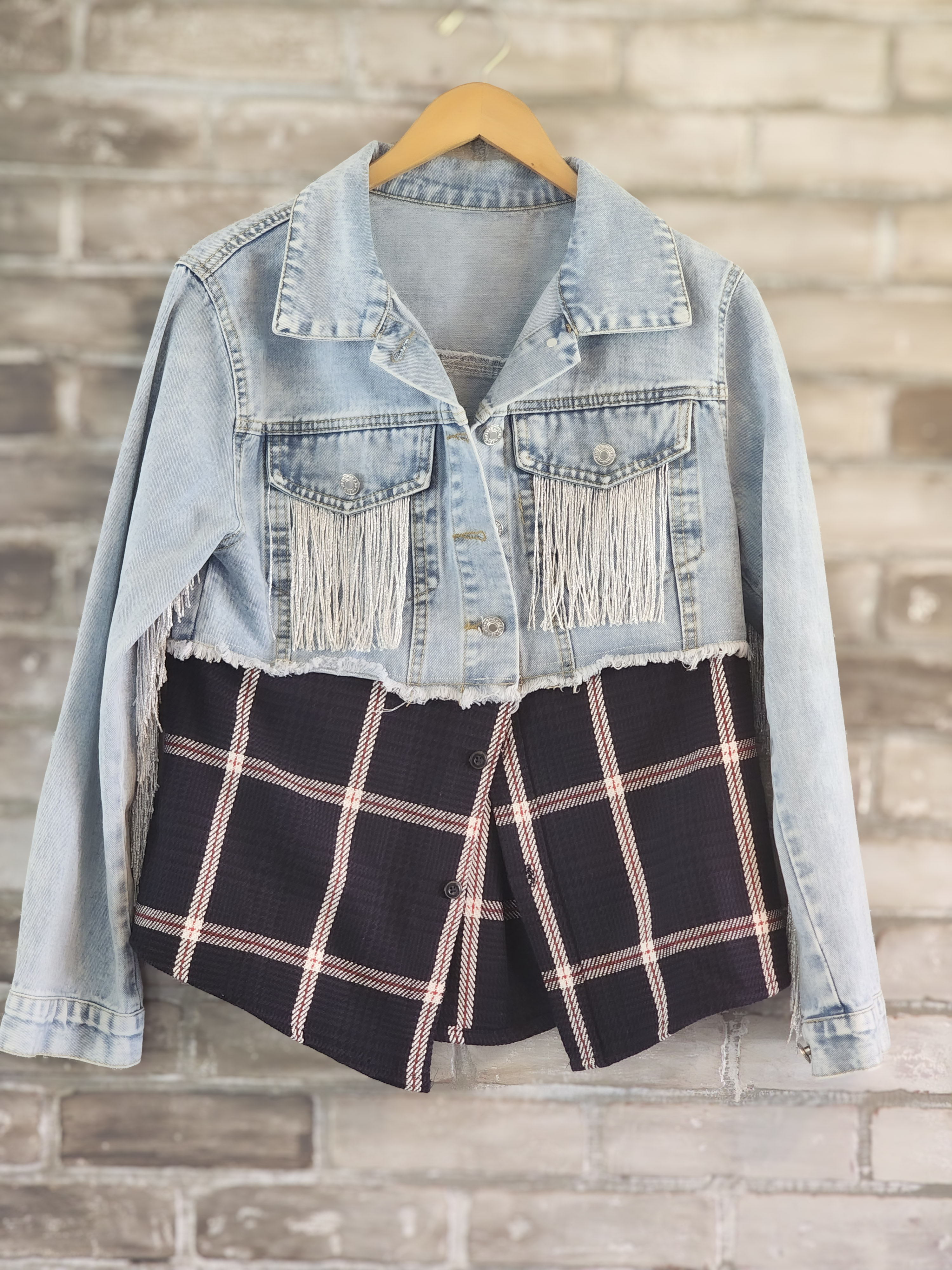 Denim Jacket with Fringe and Plaid Detail