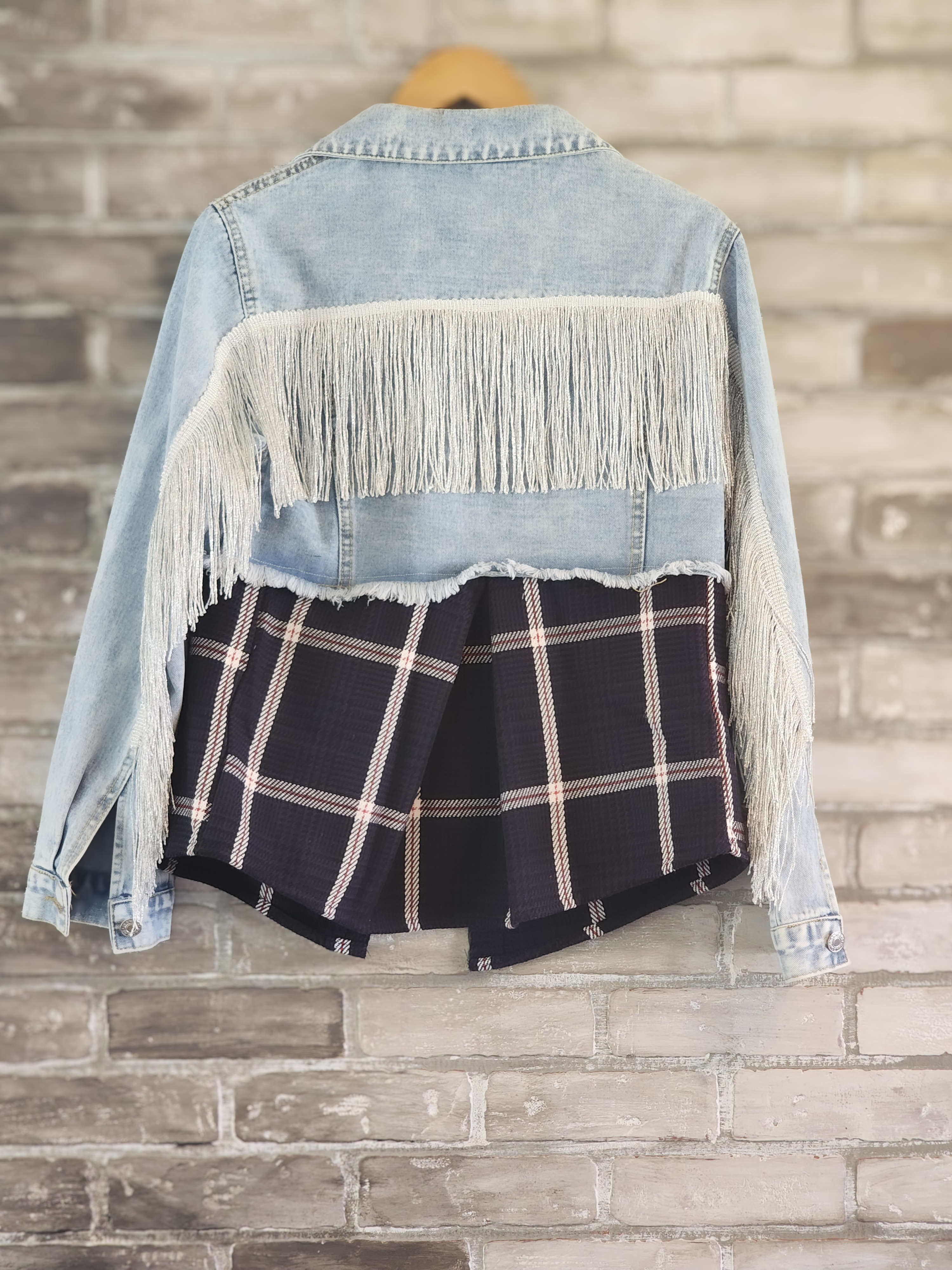 Denim Jacket with Fringe and Plaid Detail