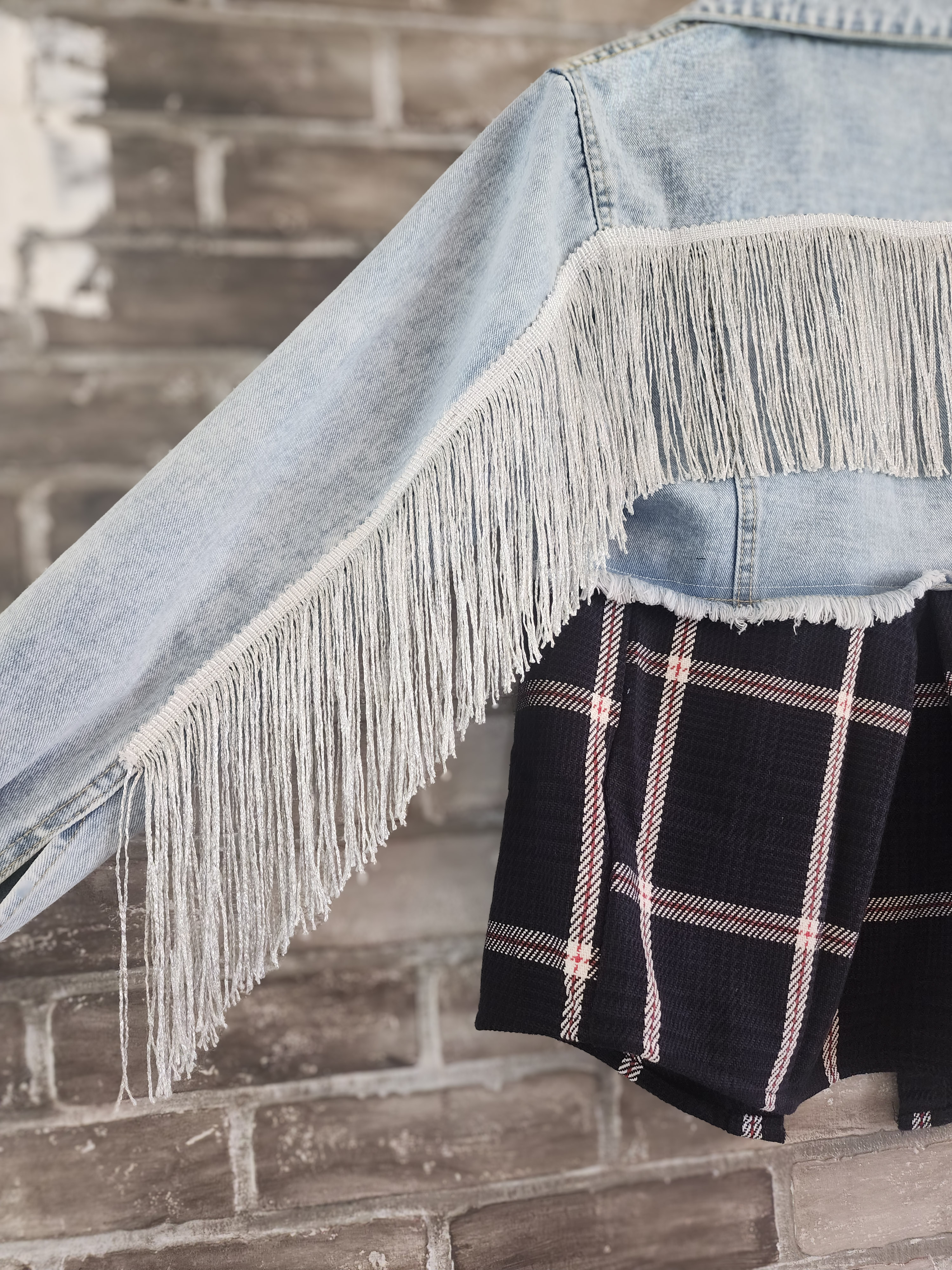 Denim Jacket with Fringe and Plaid Detail