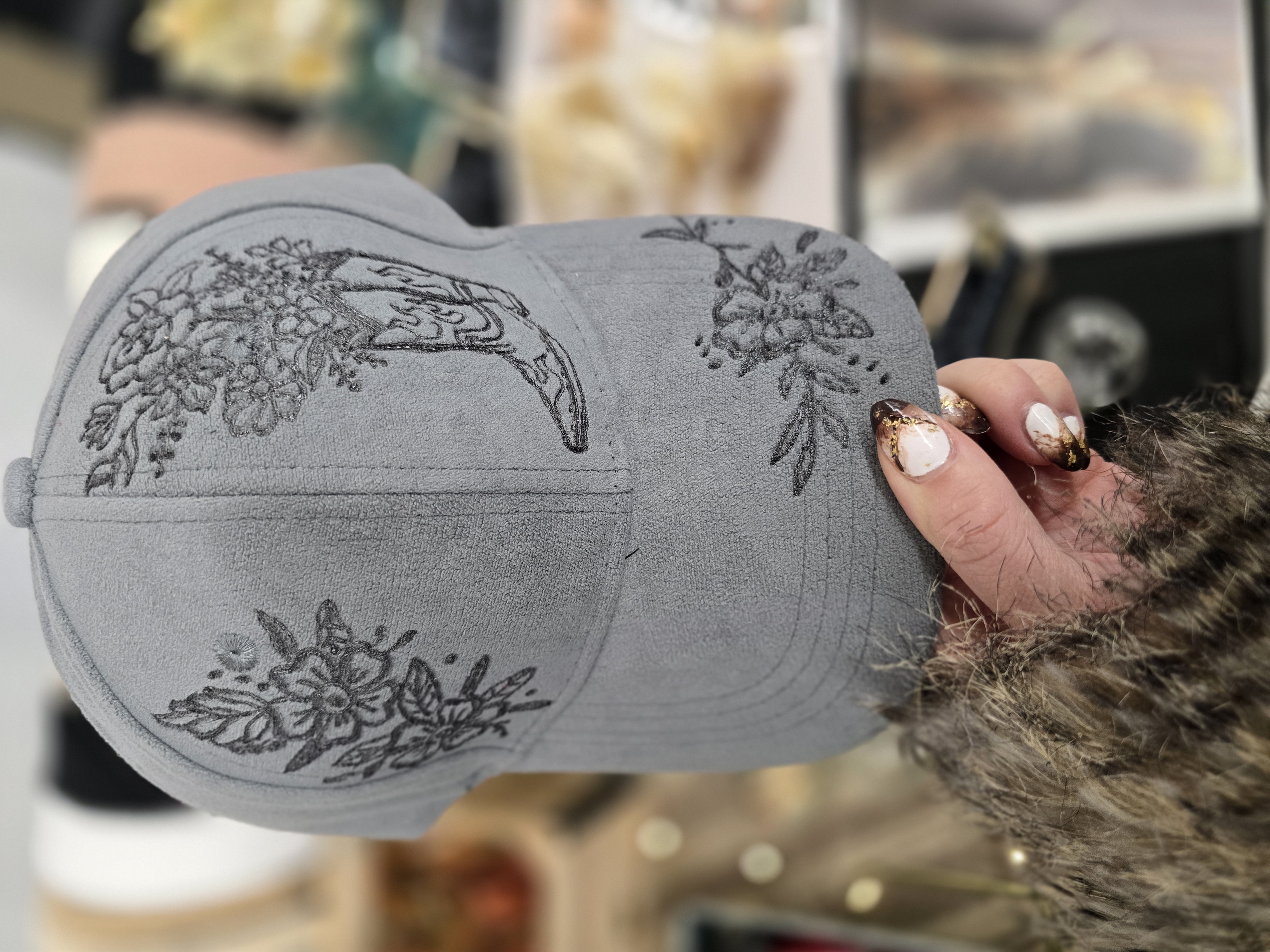 Embroidered Suede Cap