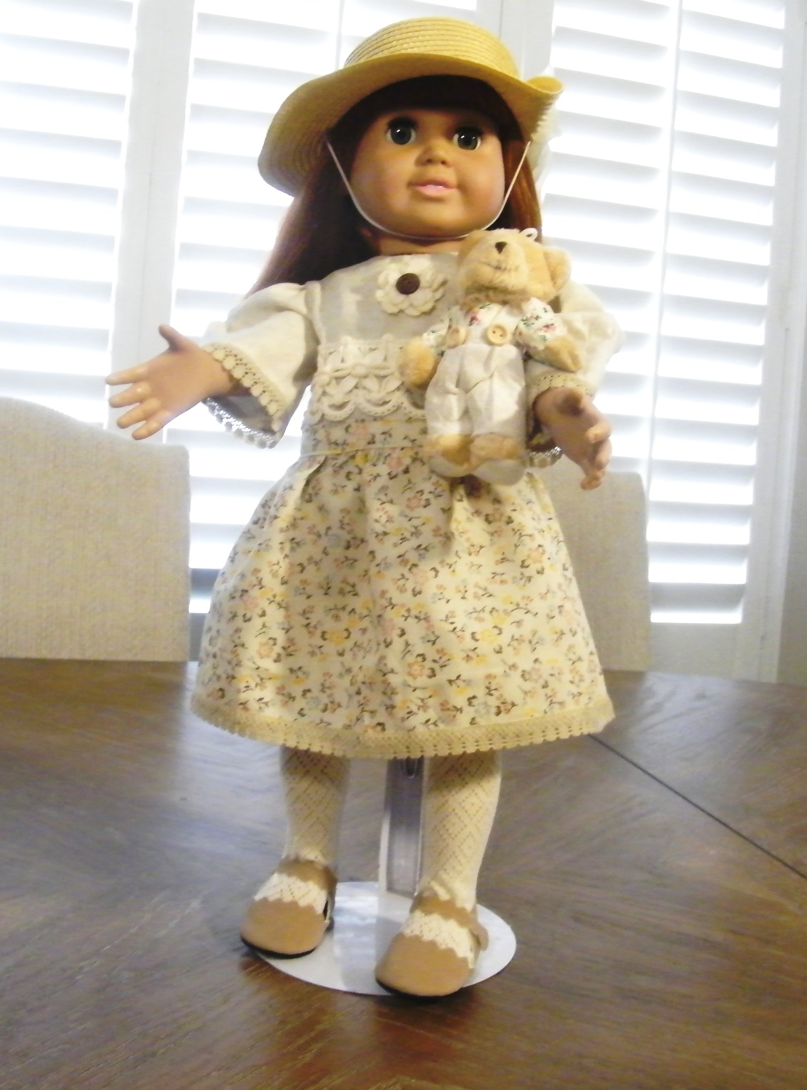 BEIGE FLORAL SUMMER DRESS W/TEDDY BEAR