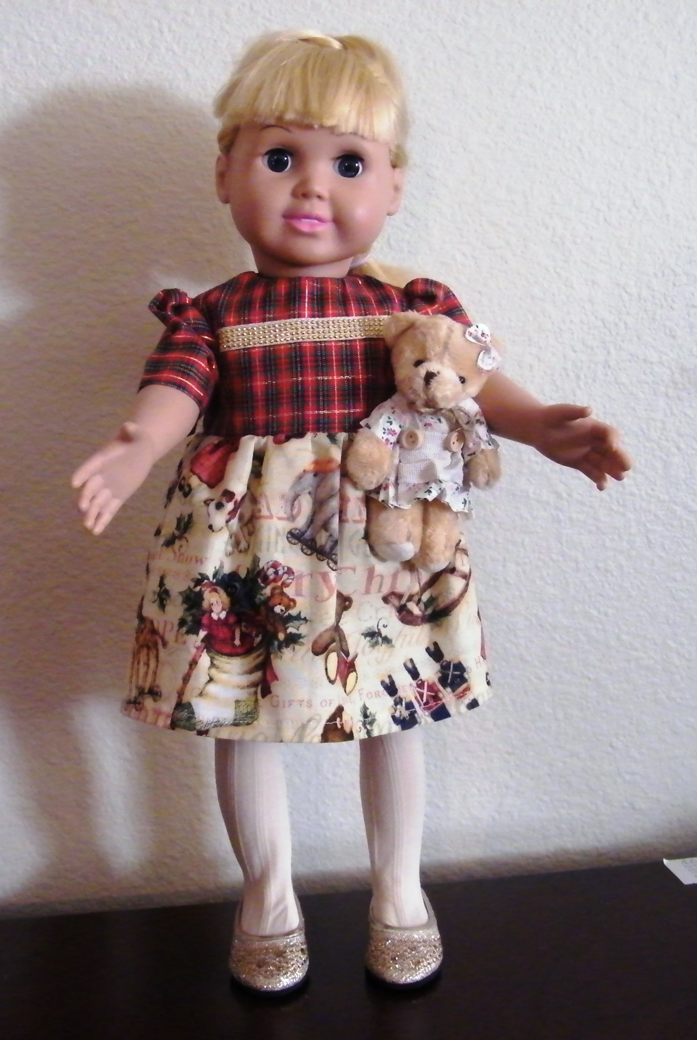 PLAID CHRISTMAS THEMED DRESS W/TEDDY BEAR