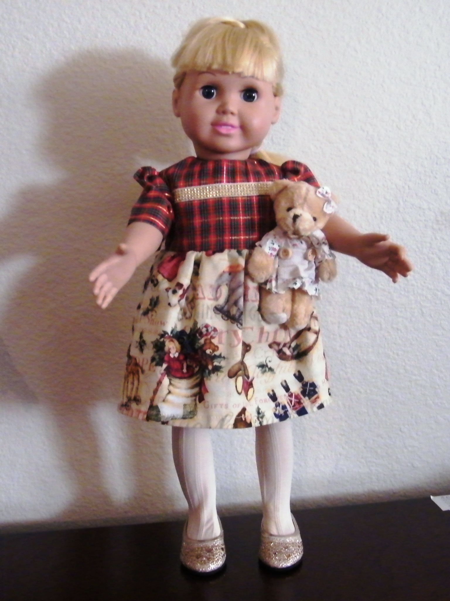 PLAID CHRISTMAS THEMED DRESS W/TEDDY BEAR