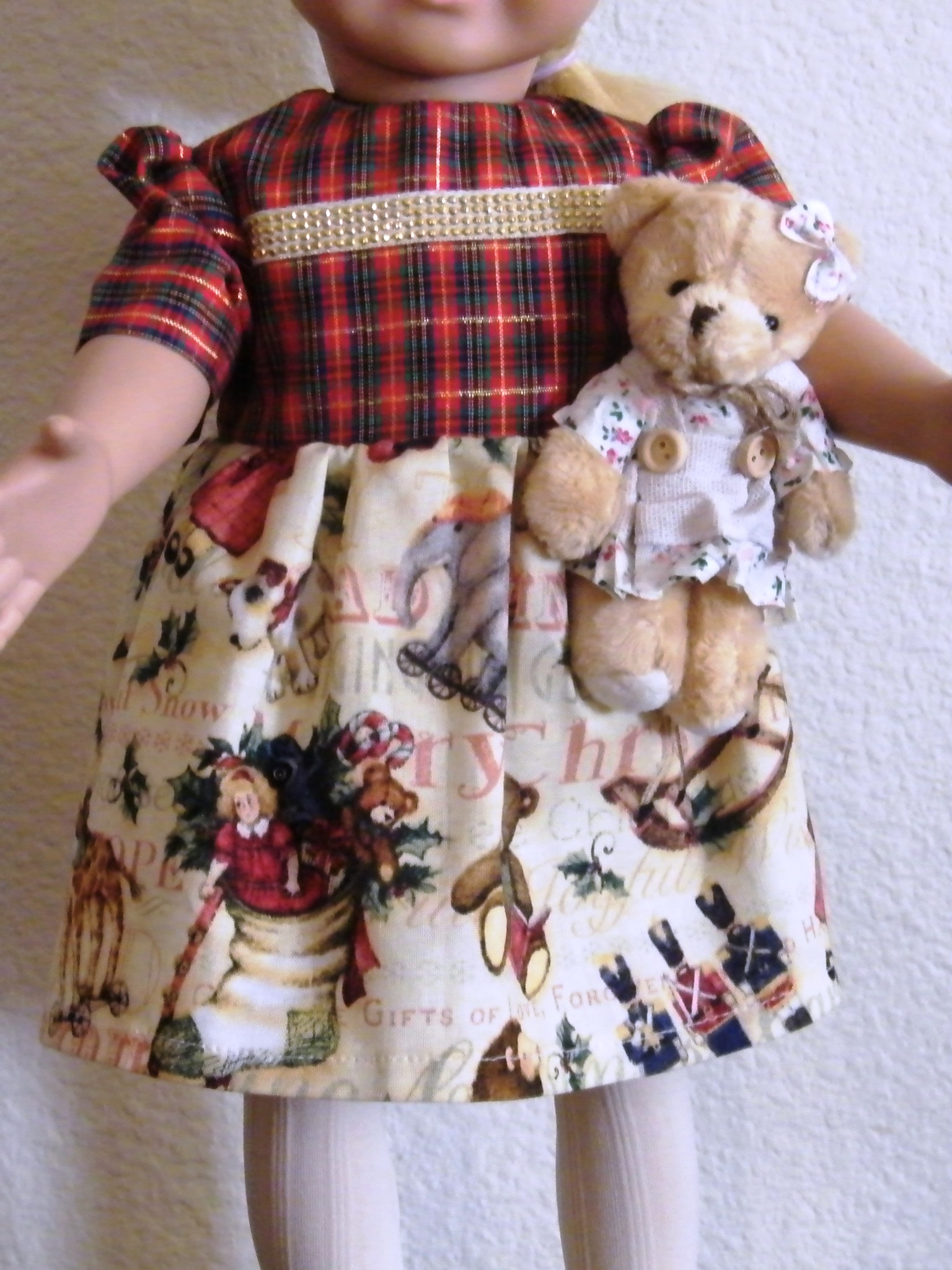 PLAID CHRISTMAS THEMED DRESS W/TEDDY BEAR