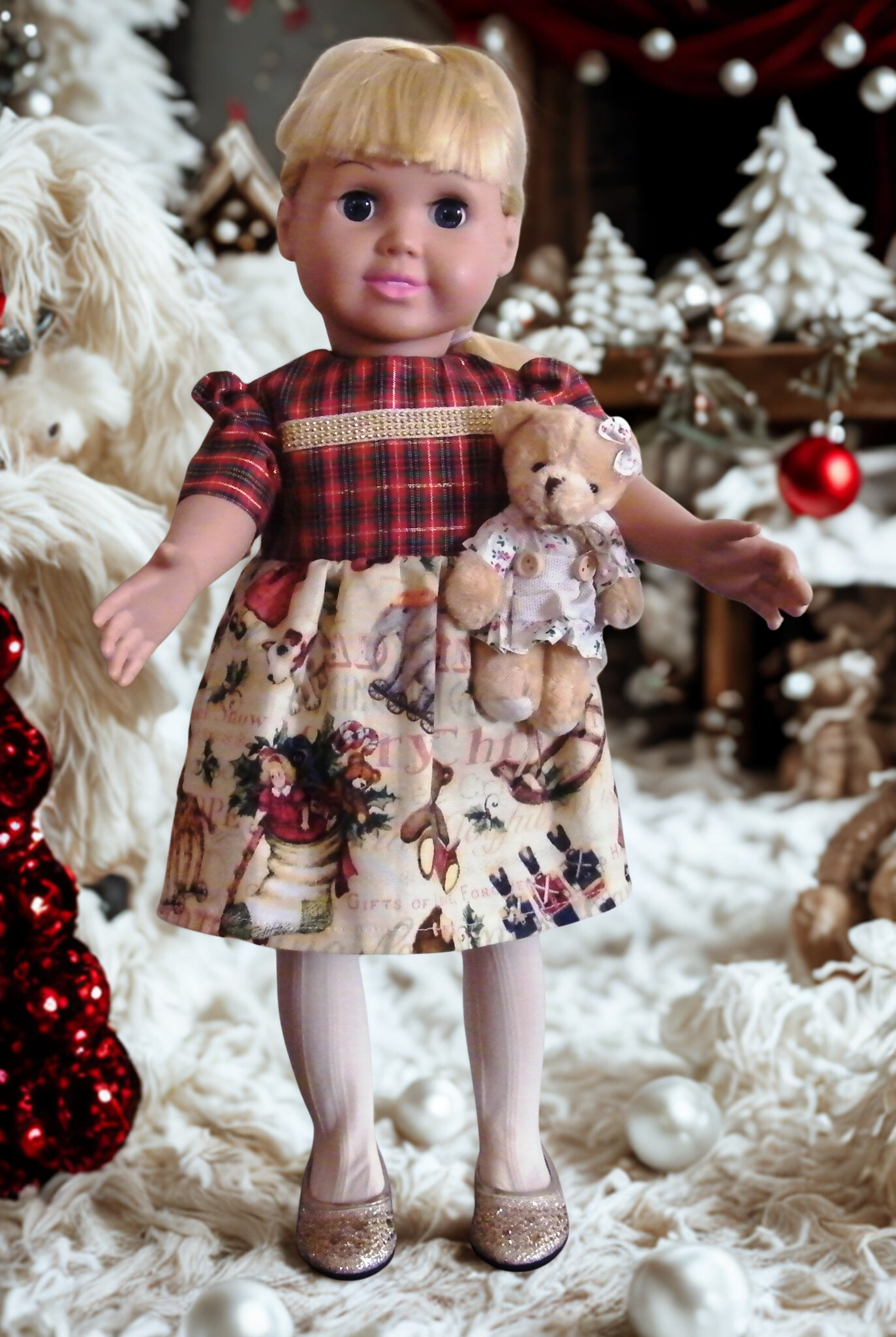 PLAID CHRISTMAS THEMED DRESS W/TEDDY BEAR