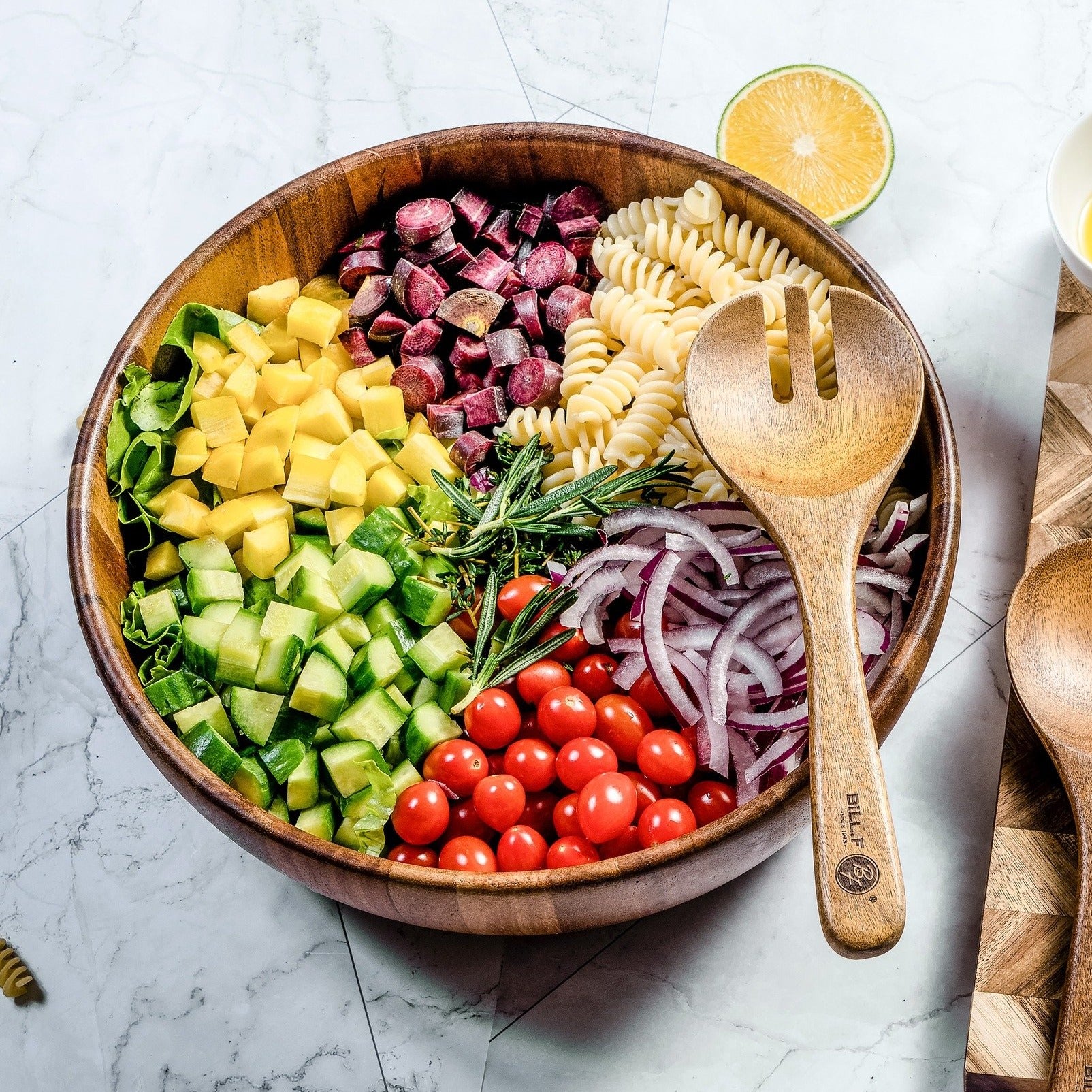 12" Salad Serving Bowl with Tongs Set, Acacia Large Bowl Set with Spoon and Fork