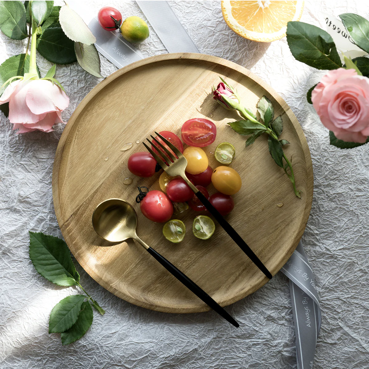 Round Wooden Tray Serving Platters for Tea Set Fruits Candies Food Home Decoration