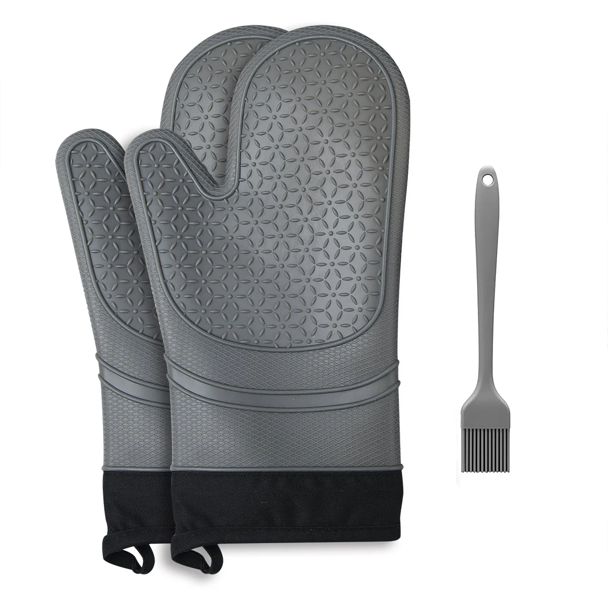 One Pair Silicone Oven Gloves with Mini Oven Gloves Brush, Pack of 3 (Gray)