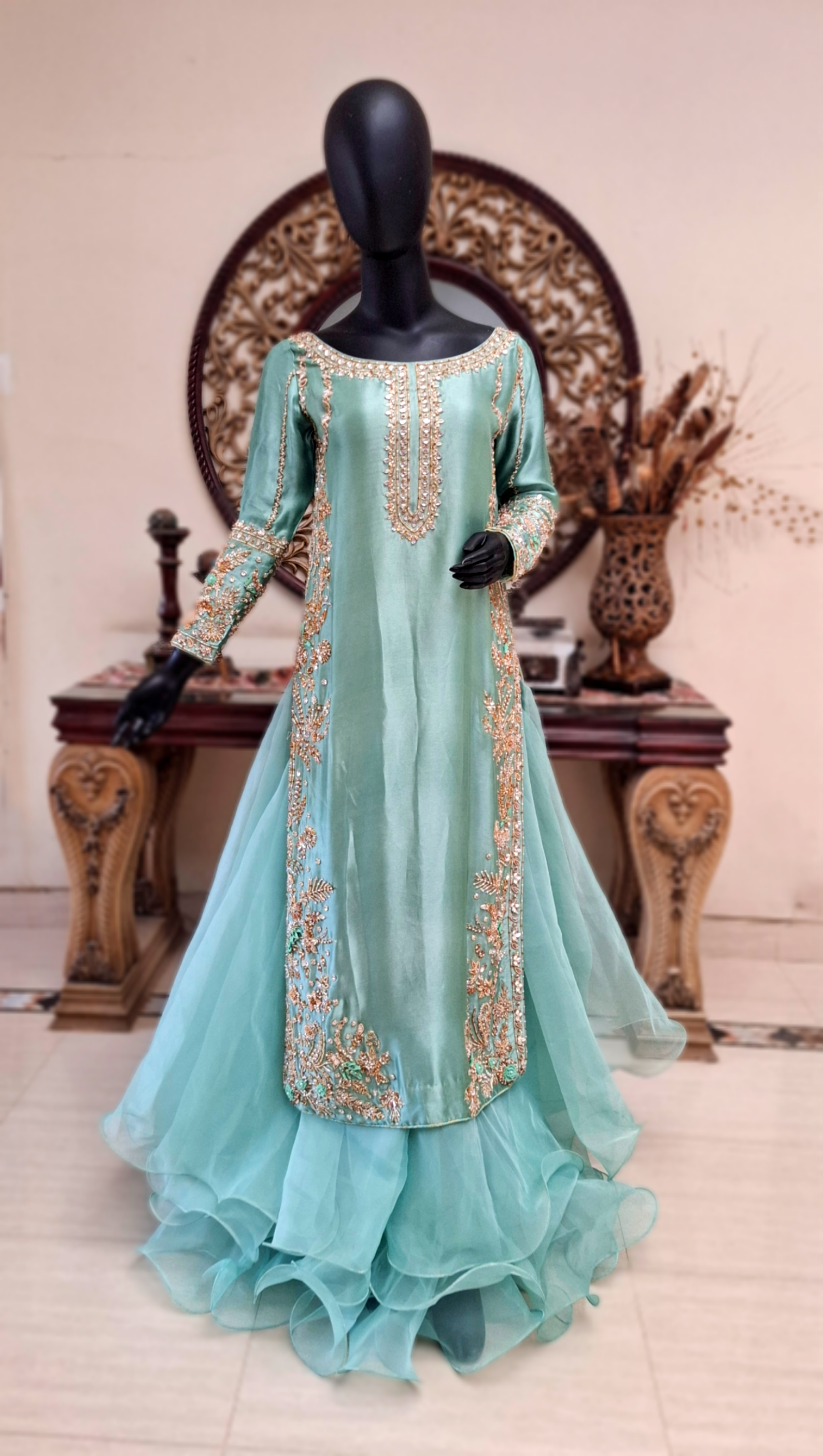 Turquoise long shirt with dupatta