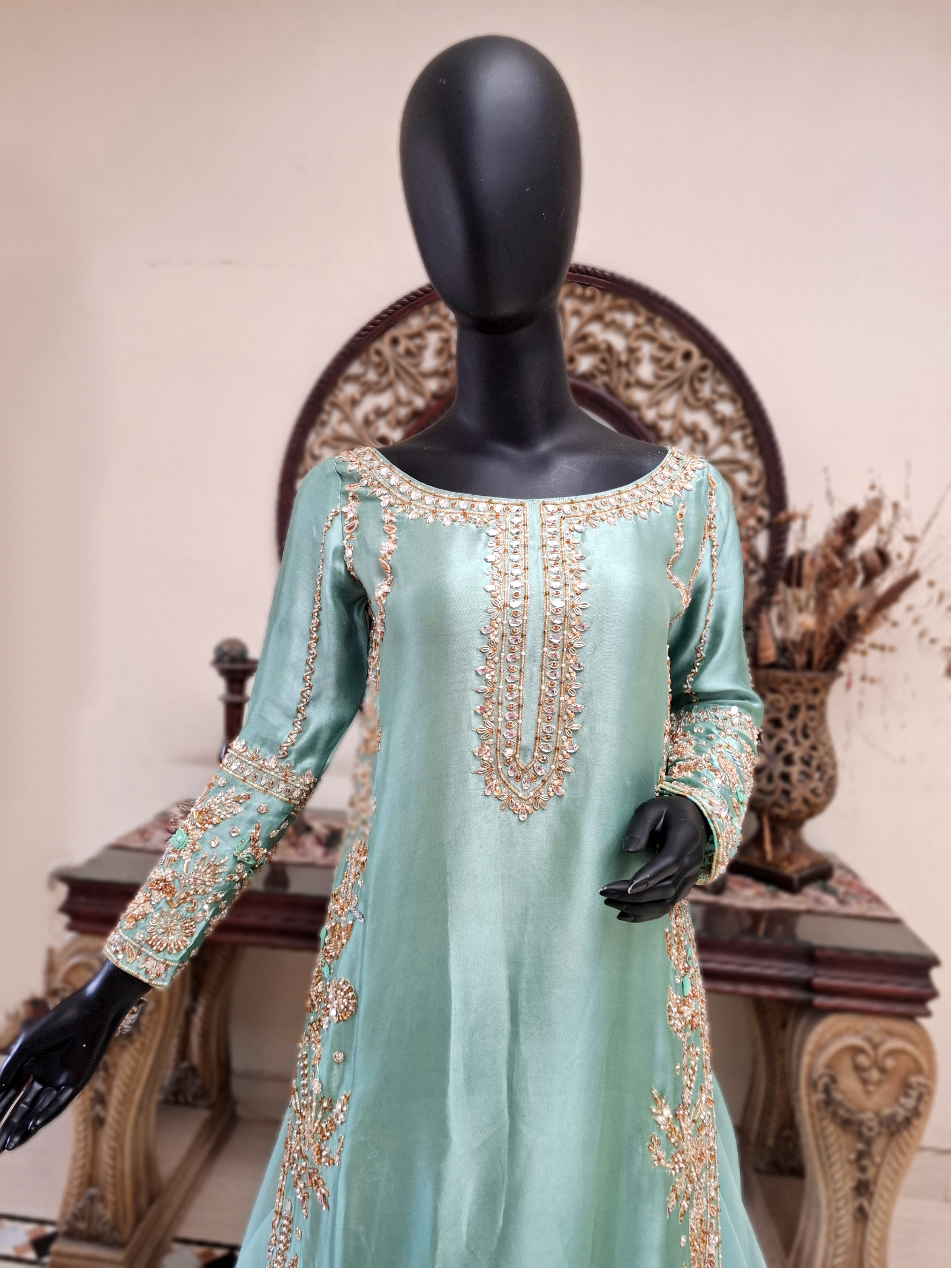 Turquoise long shirt with dupatta