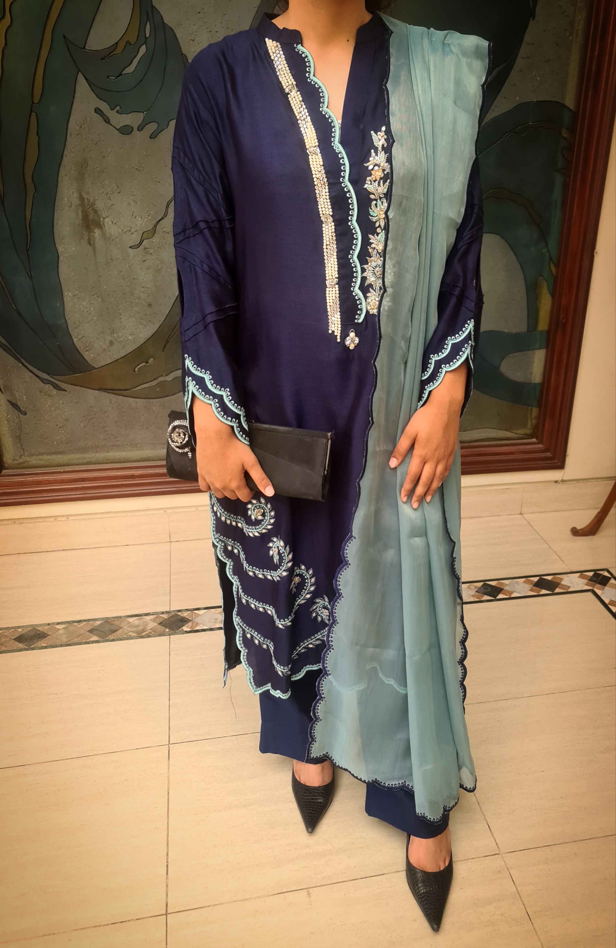 Navy blue with cerulean dupatta