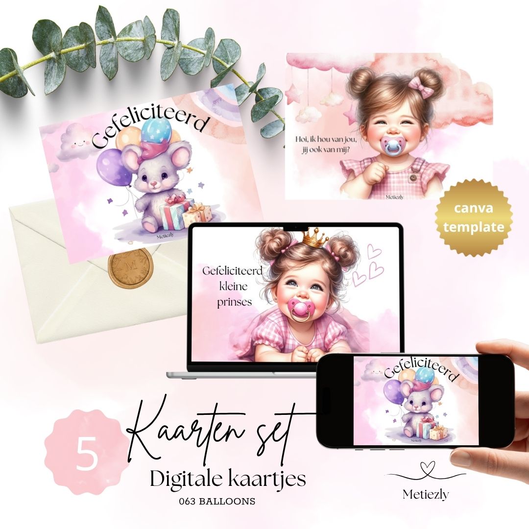 Baby kaartjes ballonnen, set van 5 kaarten | $2,23