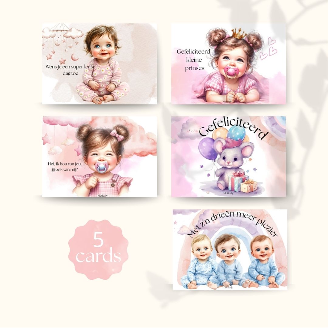 Baby kaartjes ballonnen, set van 5 kaarten | $2,23