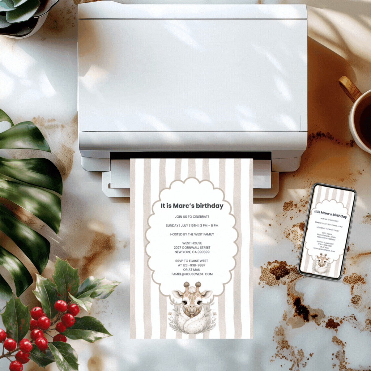 Neutral baby giraffe pacifier soft brow and white strips invitation