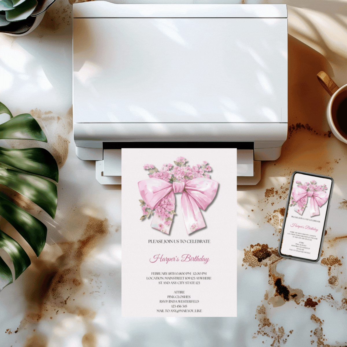 One pink bow, floral birthday invitation | editable in every languages