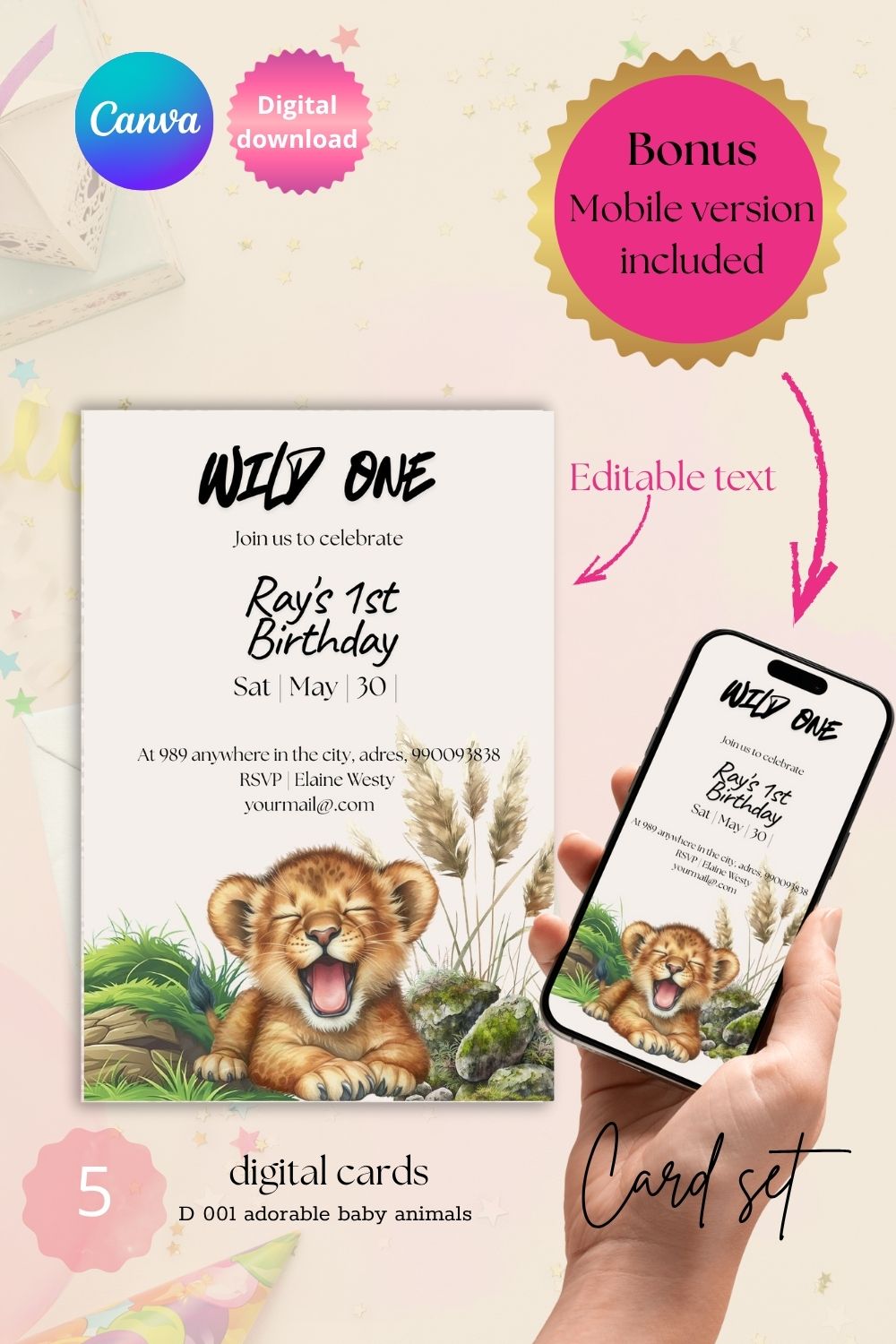 Editable Safari Baby Shower Invitations – Cute Jungle Animal Theme | Set of 5