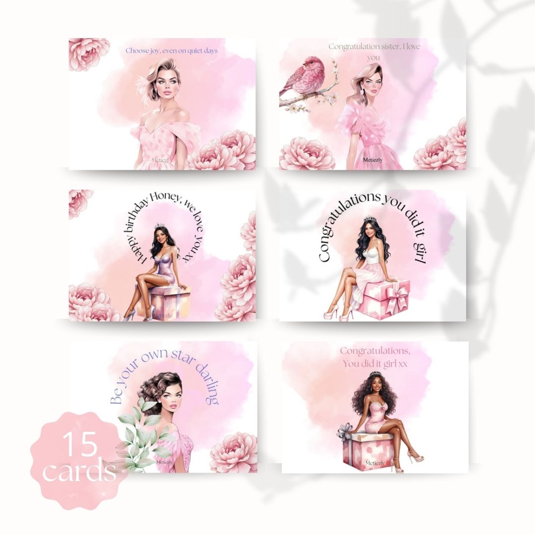 Beautiful ladies in pink, set of 15 cards | $5,72