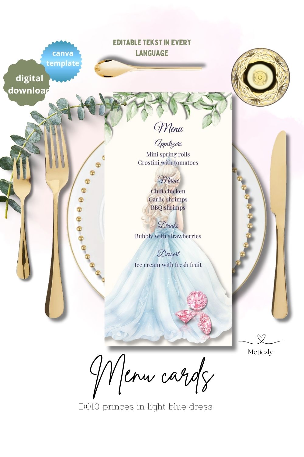  Editable Princess Birthday Menu Templates | Fairytale Theme | Light Blue Pastel Dresses | Set of 5 