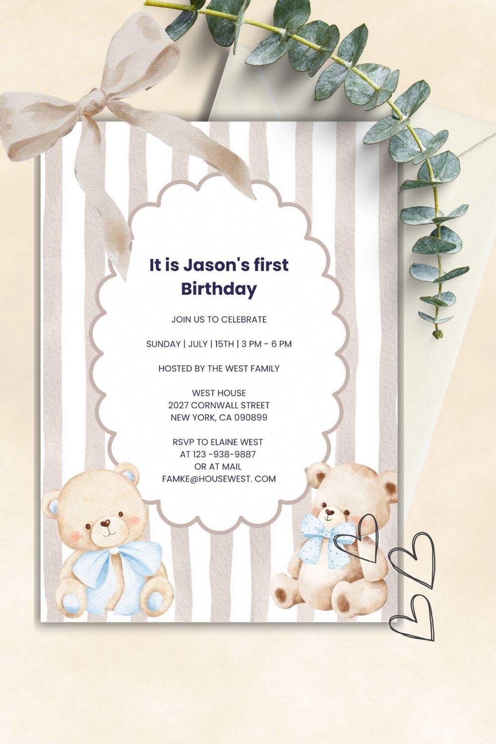 One Classic baby boy invitations teddy bear with blue bow | 