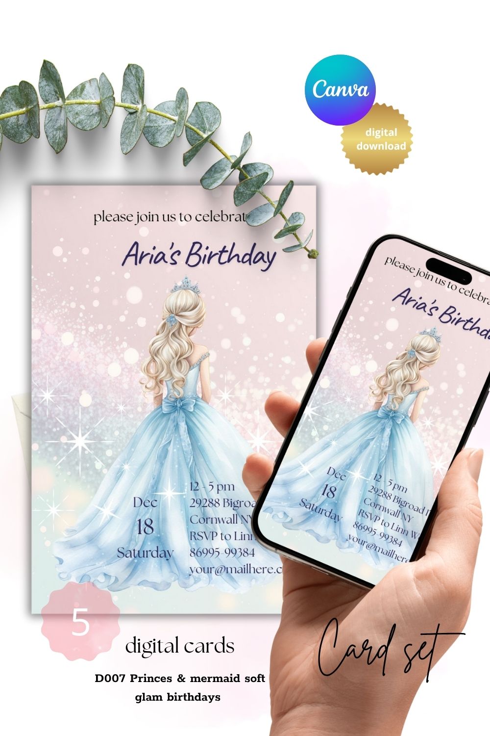 Editable Princess & Mermaid Pink Invitations – Set of 5
