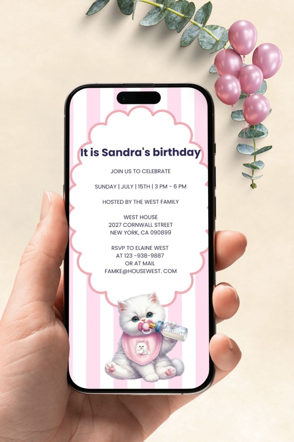 One | Pink stripes cute baby kitten invitation | editable in every language