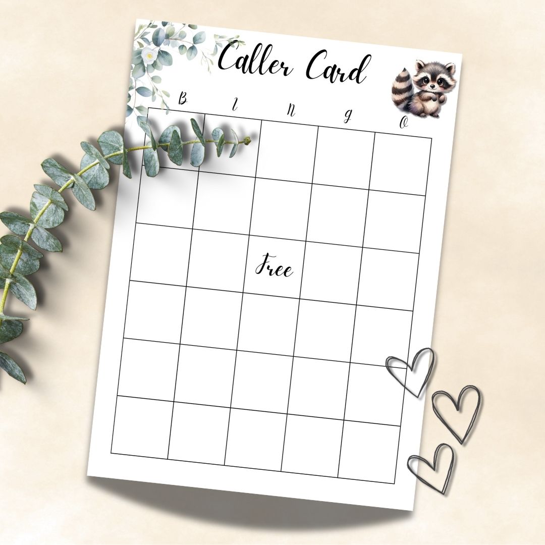 Printable Baby bingo for baby shower, raccoon, 60 prefilled bingo cards