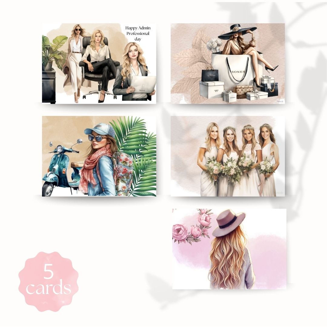 Girl with scooter, set of 5 cards | $2.23