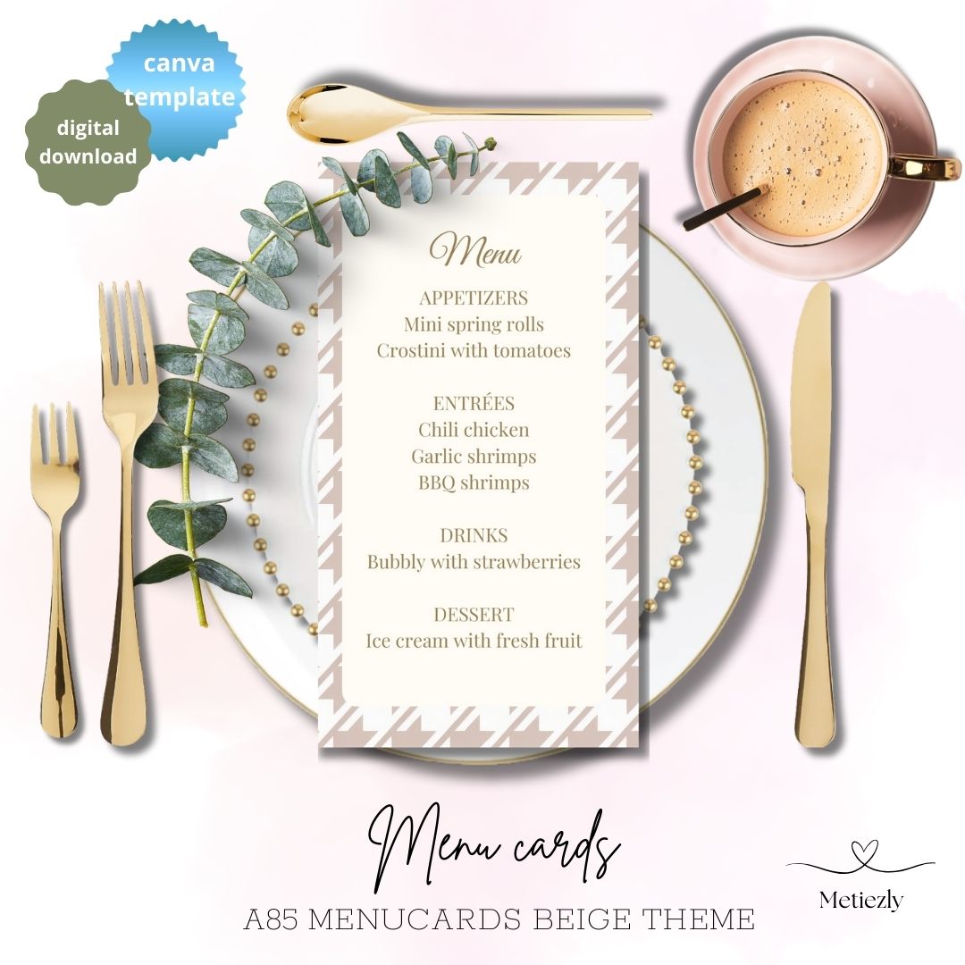 Editable menucards in beige theme for beige| naturel | boho styling | set of 5 printable 