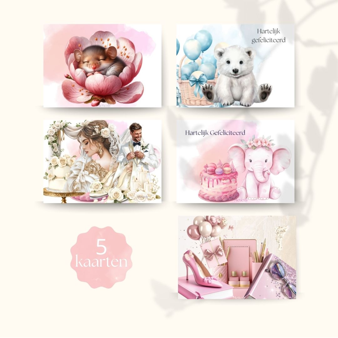 Hartelijk gefeliciteerd beertje, set van 5 kaarten | $2.23