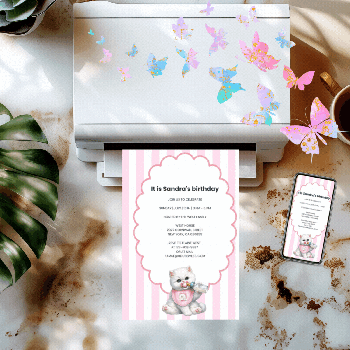 One | Pink stripes cute baby kitten invitation | editable in every language