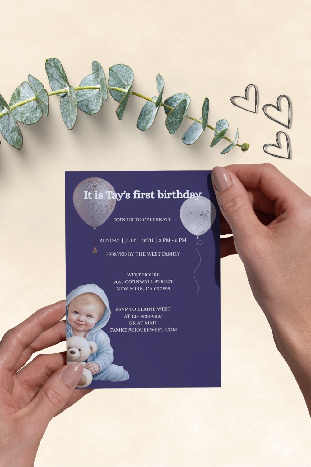 Romantic elegant first birtday invitations | Set of 5 stylish classic baby boy first milestone 