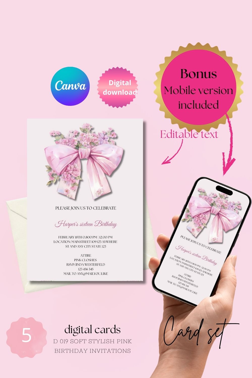 Soft stylisch editable invitations | pink | elegant woman cards |