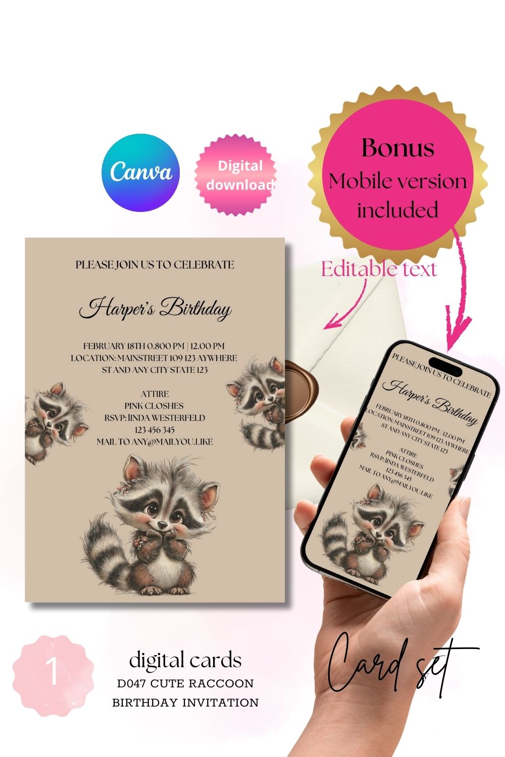 Classic Birthday Invitation – Baby Raccoon on Beige Background