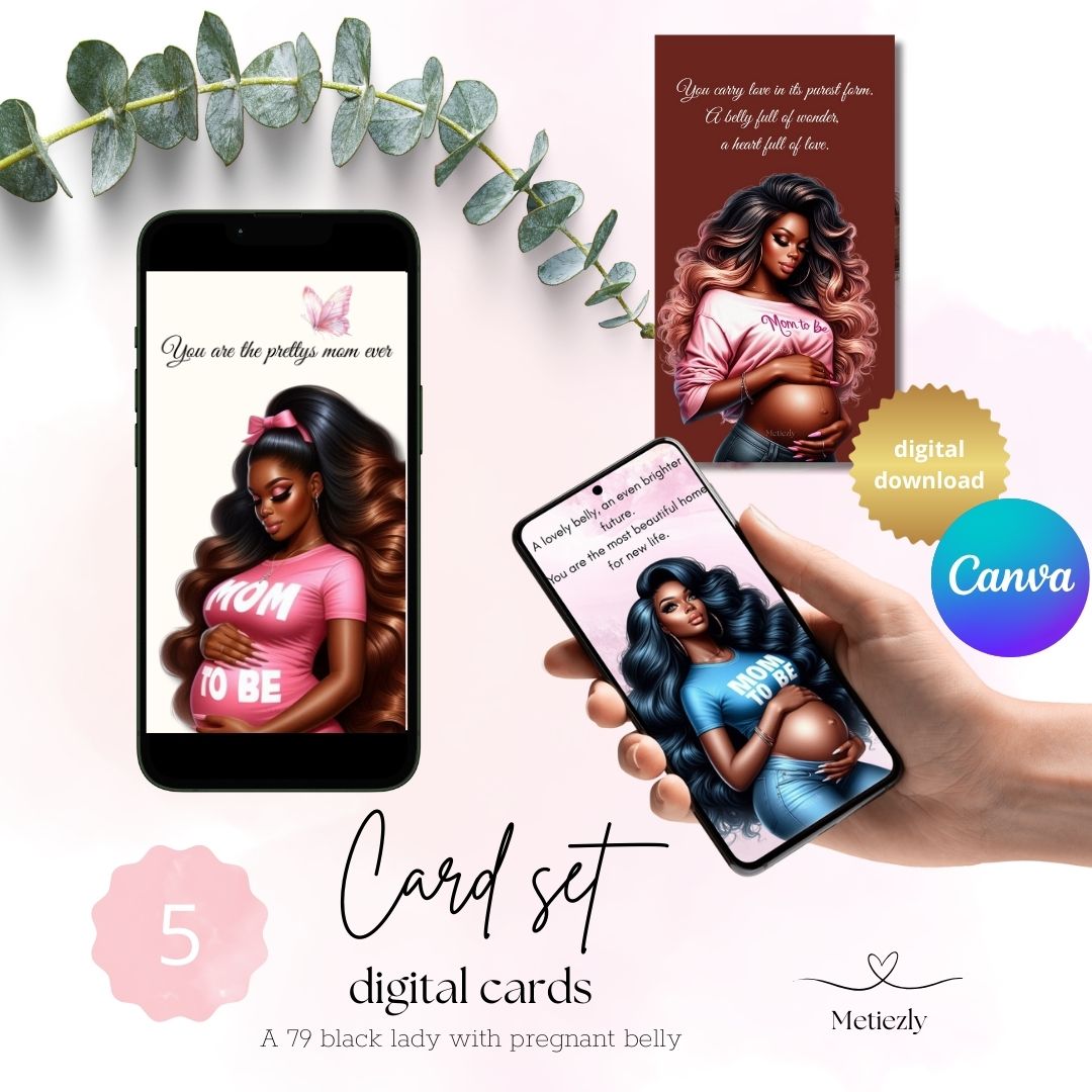 Pretty black lady with pregnant belly greetingcards for sending with your phone | set of 5 | editable