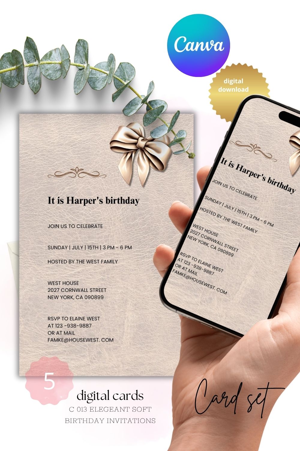 Elegant soft birthday invitations | editable for toddlers childeren | set of 5