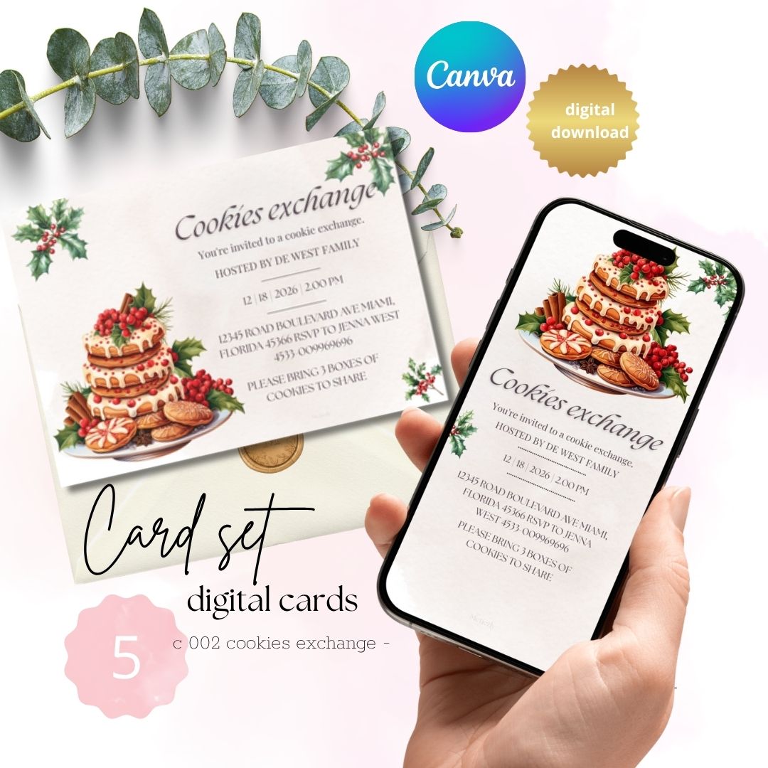 Cookies exchange classic holliday season editable invitations | set of 5 for mobile and printing