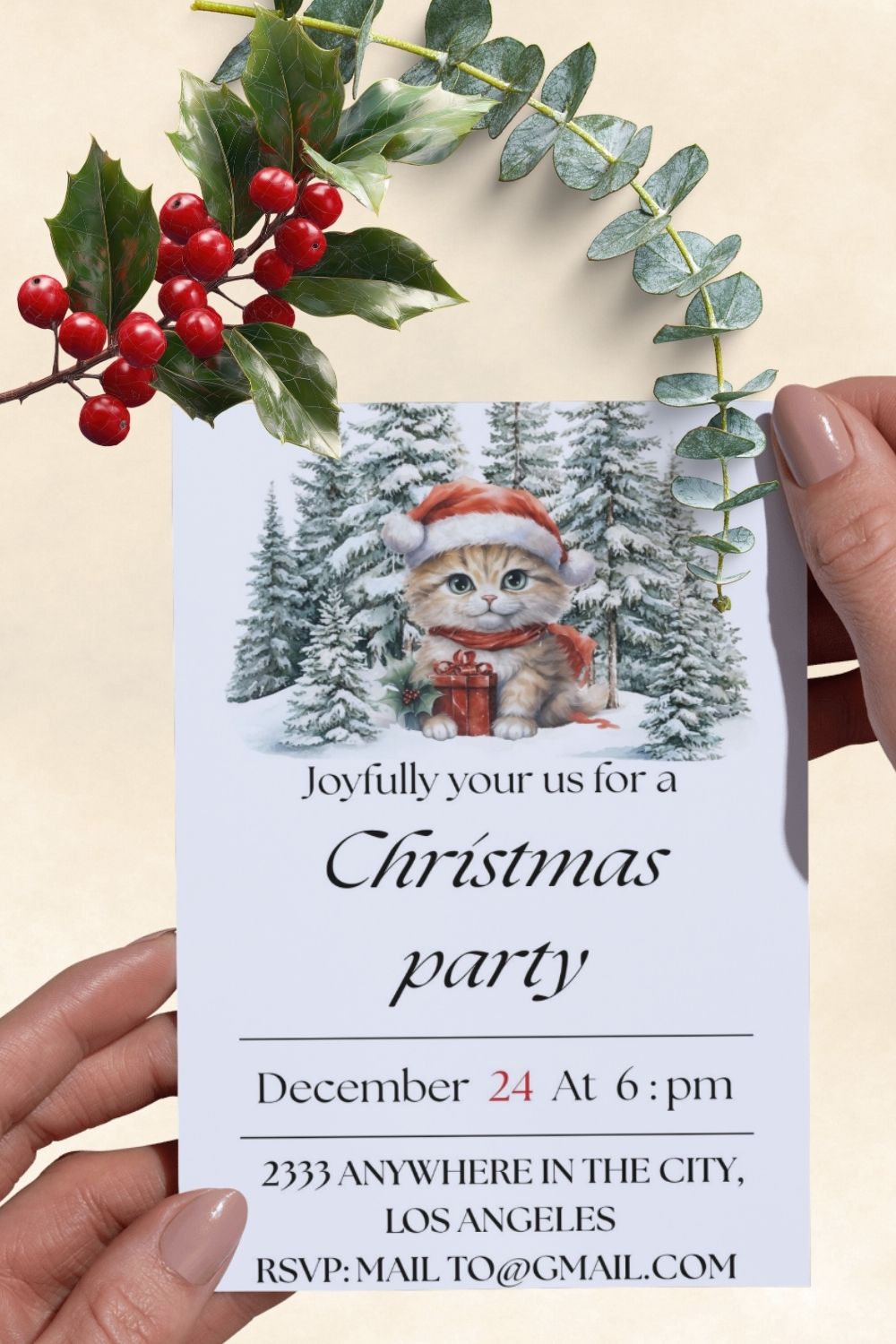 Editable christmas party invitations with a kitty and snowy pinethrees $3.36