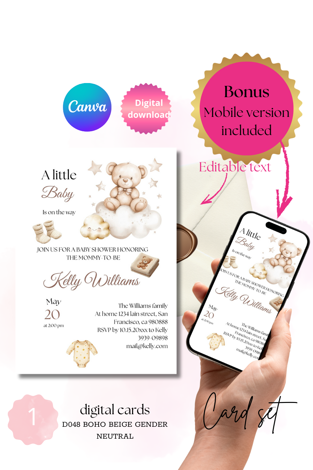 Boho Baby Shower Invitation – Neutral Beige Teddy Design