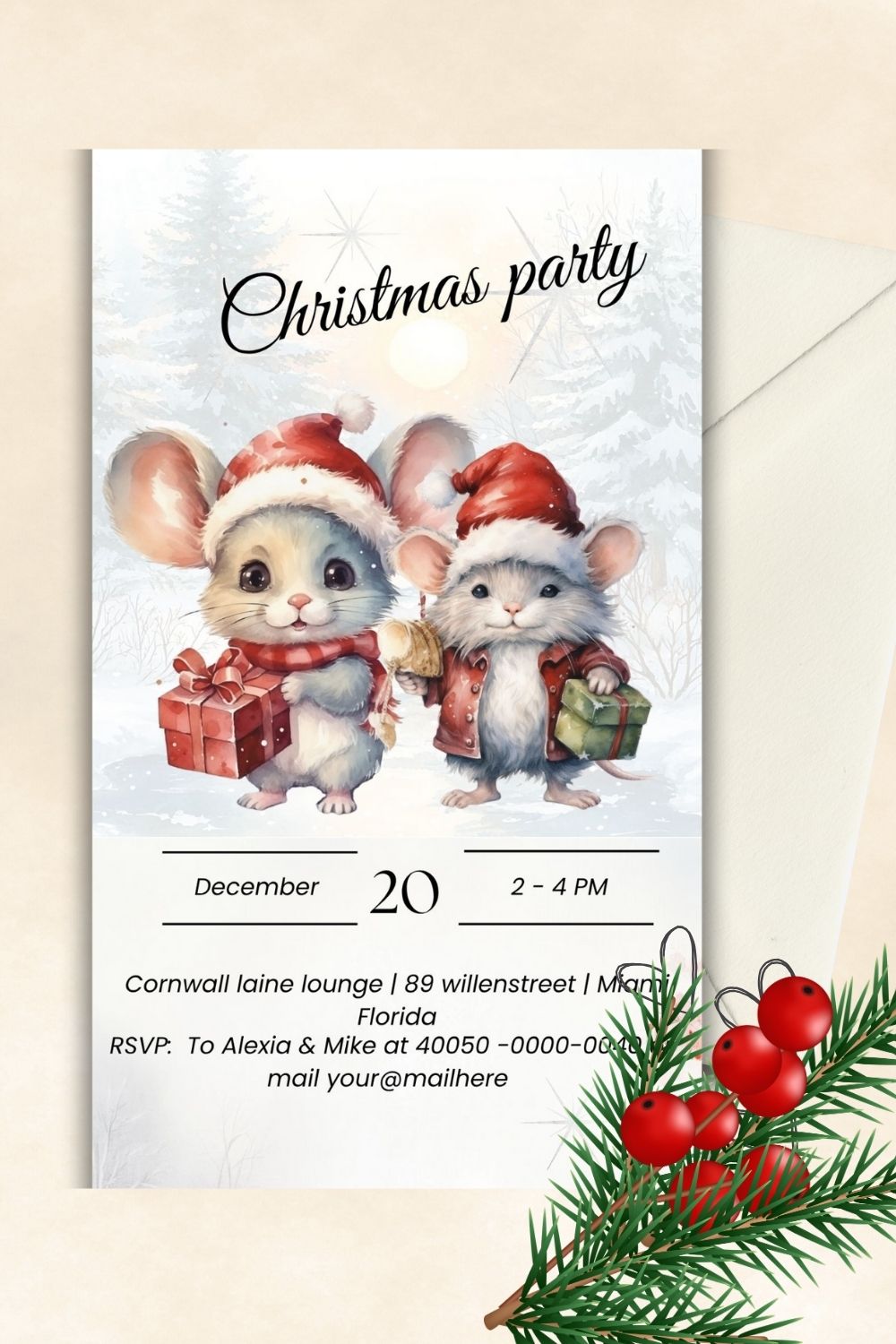 Editable christmas invitation templates | cute baby mouses | kitten | koala theme Christmas 